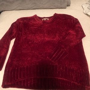 Red crushed velvet crew neck sweater